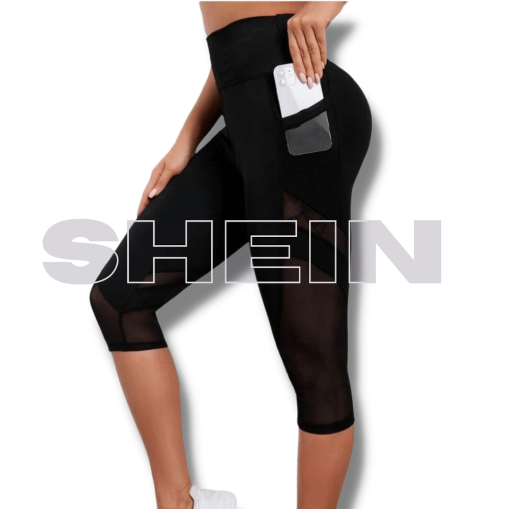 SHEIN Large Black Wide Waistband Contrast Mesh Sports Leggings with Phone Pocket